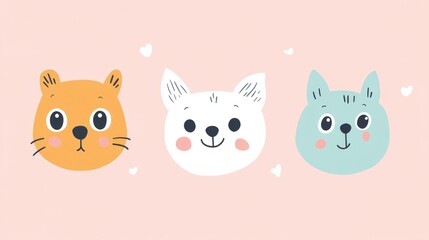 Cute and Playful Animal Faces with Hearts on Pink Background