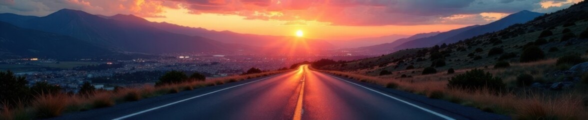 Asphalt road leads to majestic mountains, city glimmering at sunset , yellow, travel