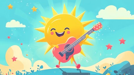 Cheerful Cartoon Sun Playing Guitar in Bright Blue Sky