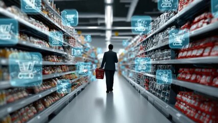 Navigating the Digital Aisle: A futuristic scene depicts a person shopping in a supermarket aisle, with digital interfaces overlaying the scene. - Powered by Adobe