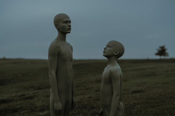 Obraz premium Surreal Encounter Between Two Ethereal Figures in a Misty Landscape at Dusk