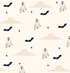 Halloween Pattern with Ghosts, Bats, Clouds and Stars.