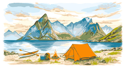 Camping illustration orange tent, campfire, kayak by a mountain lake. Majestic peaks and calm waters. Perfect for serene outdoor themes