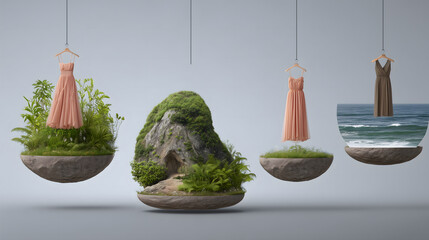 Floating Dresses with Nature Elements in a Dreamlike Environment