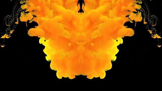 Meditation of solar flares in space. A yellow-orange cloud of thick smoke floats in the dark. A splash screen made of bright yellow ink. A sacred tribute. A devilish pattern.