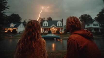 Couple Watching Stormy Night Sky with Lightning Strikes Over Cozy Suburban Home in Dramatic Atmosphere of Nature's Power and Beauty