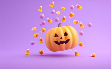Fototapeta premium Cute pumpkin character with candy corn on purple background.