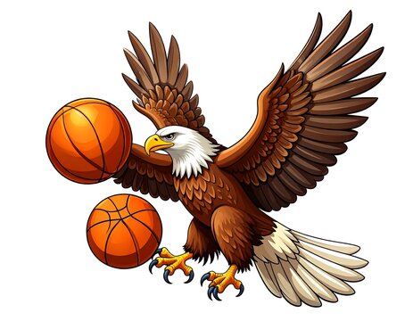 Cartoon eagle catching basketballs in flight