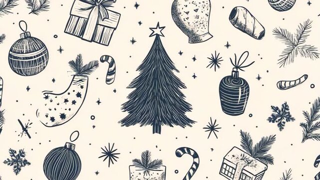 selective focus festive background with winter elements in doodle style