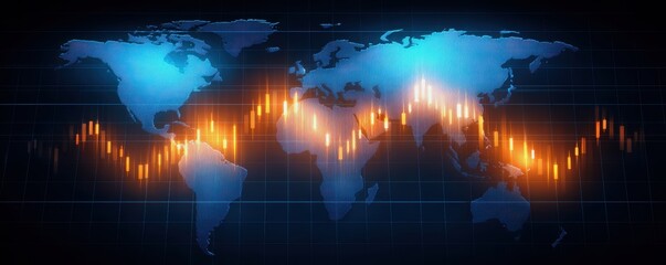 Economic Recession Forecast concept. A digital world map with glowing blue continents and orange financial graphs, symbolizing global market trends and data analysis.