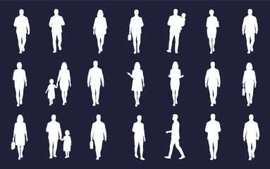 Human silhouette poses, walking figures, parent-child interaction, posture study icons, everyday motion, bag carrying, minimal style, dark background, vector set