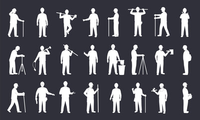Industrial worker silhouettes, construction poses, tool usage icons, surveyor actions, safety gear figures, occupational roles, dark background, minimal style, vector set