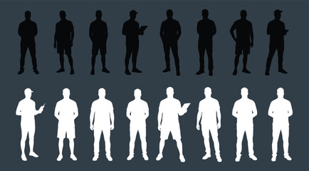 Male posture comparison, black and white silhouette, gesture sketch, object interaction, standing pose, minimalist design, motion study, body language reference