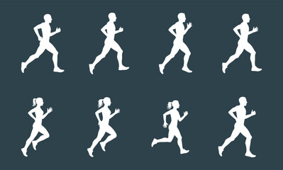 Running silhouette study, male and female motion, athletic posture, side view stride, minimalist figure, biomechanics reference, sports animation design