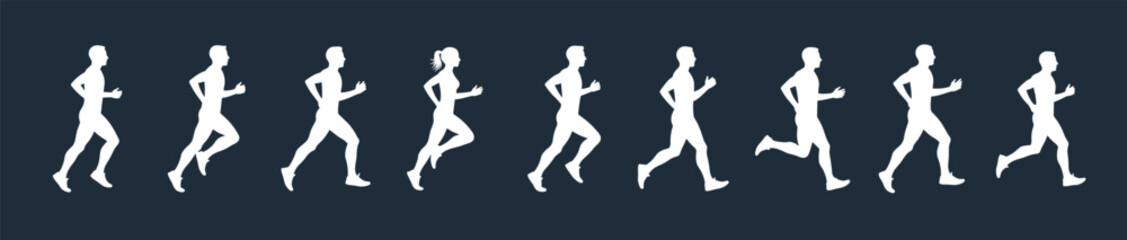 Running stride sequence, silhouette motion study, biomechanics reference, athletic posture, side view sketch, minimalist figure, sports animation, dynamic movement