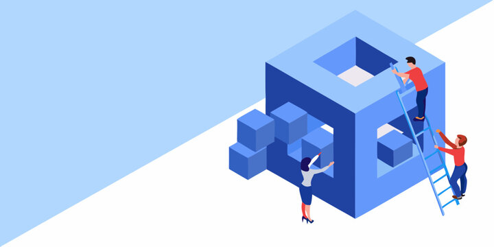 Teamwork and collaboration building a complex structure with ladders and building blocks