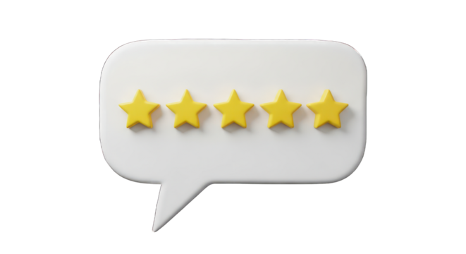 Yellow Five Star Rating Customer Feedback Review in Speech Bubble Best Design With Subtle Gold Accents and Satisfaction isolated on a transparent background.