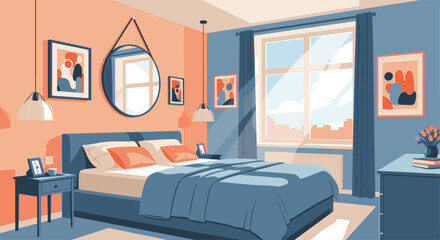 A cozy pixel art bedroom bathed in warm sunlight from the window.