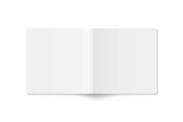 Vector mockup of white paperback square magazine spread cover isolated. Realistic softcover book, brochure or booklet template opened on white background. 3d illustration.