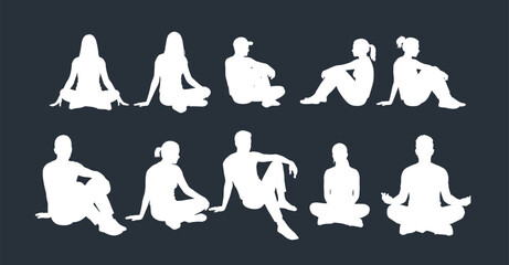 Seated silhouette posture, minimalist figure sketch, sitting pose variation, body language study, lifestyle motion, ergonomic reference, anatomy design, meditation
