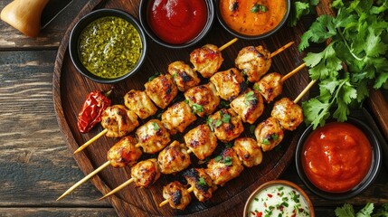 Grilled Skewers with Variety of Sauces and Fresh Ingredients