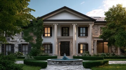 Fototapeta premium An elegant neoclassical residential building with tall columns, pediment entrance, symmetrically positioned windows,