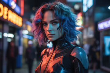 Futuristic Cyberpunk Woman with Blue Ombre Hair in Neon Cityscape at Night