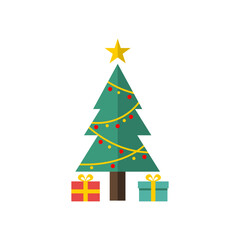 Stylized Christmas tree with a gold star, ornaments, and gifts at the base, isolated on a white background.