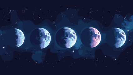 Naklejka premium Hologram moon phases — glossy phase disks arranged across prism band, midnight navy & holographic silver