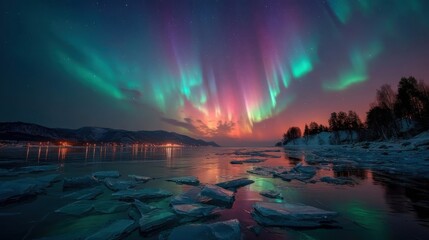 Dramatic night scene with vibrant Northern Lights dancing above a frozen lake, reflecting vivid green pink purple hues,