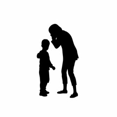 Silhouette of boy comforting sick mother coughing isolated on white background