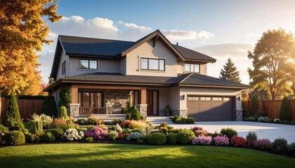 Two Story House with Autumn Foliage and Manicured Garden Under a Bright Sky with Warm Sunlight Suburban Home Exterior with Landscaping Driveway and Flowers