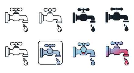 Vector art of collection of faucet icons in various styles, , showcasing water conservation and plumbing themes in a modern design