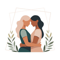 Lesbian female couple hugging. Romantic aesthetic with clean lines and simple shapes. Love relationship, Valentine's Day.

