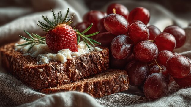 Exquisite close-up of multigrain bread with strawberry, grapes and cream cheese - Powered by Adobe