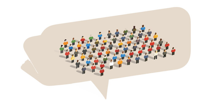 Diverse group of people gathered inside a large speech bubble representing communication and community