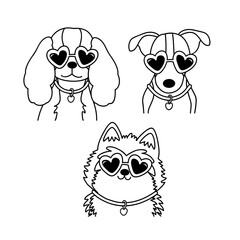outline set of isolated fun dogs wearing heart glasses
