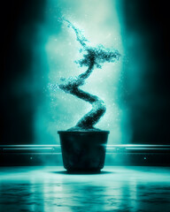 Ethereal Water Bonsai Tree in Dark Background with Glowing Light
