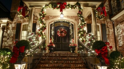 Fototapeta premium Beautifully Decorated Home Entrance with Christmas Lights, Wreaths, and Poinsettias for the Holidays