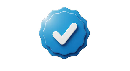 Blue round button with white tick check mark 3d render icon isolated on white background. Social media user account verification Stock Illustration. representing approval and success.