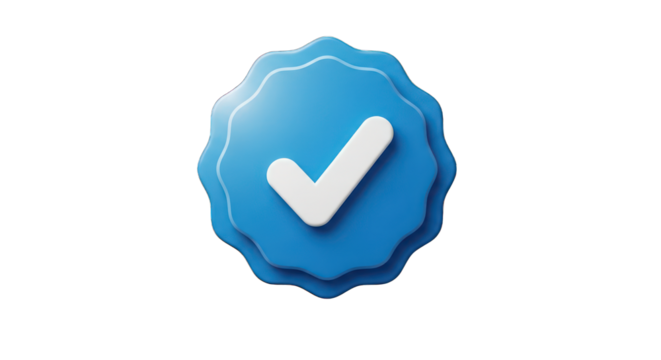 Blue round button with white tick check mark 3d render icon isolated on white background. Social media user account verification Stock Illustration. representing approval and success.