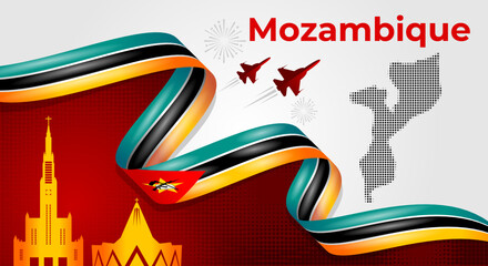 Mozambique Independence Day Banner with Flag Ribbon and Landmarks