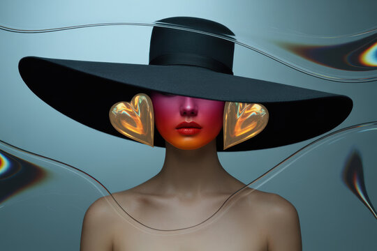 Artistic Fashion Portrait of a Model in Black Hat with Colorful Heart Earrings Against a Modern Background