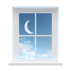A white window frame revealing a crescent moon in a cloudy blue sky isolated on transparent background