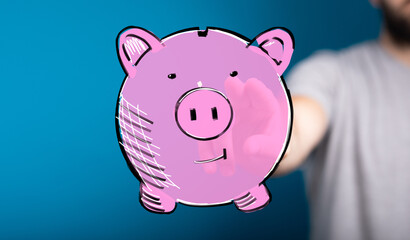 Hand interacting with a digital piggy bank, illustrating savings, finance, and financial security.