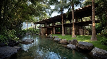 Naklejka premium A large wooden house with multiple balconies overlooks a serene tropical landscape featuring a clear stream,