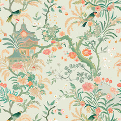 Chinoiserie garden with flower, bird seamless pattern for wallpaper.