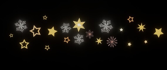Beautiful winter design with golden stars and snowflakes on a black background. Perfect for Christmas and New Year.