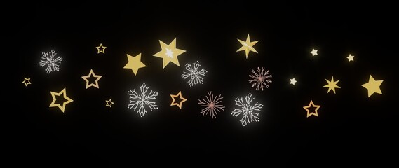 Beautiful winter design with golden stars and snowflakes on a black background. Perfect for holidays.