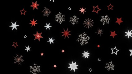 Festive holiday background with red and white stars and snowflakes on black. Perfect for Christmas, New Year, winter themes.